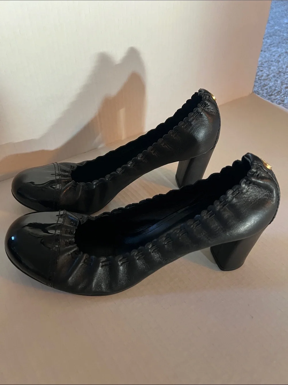 Tory Burch Black Ruched Leather Block Heel Pumps